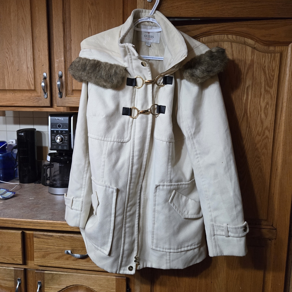 Guess Off-White Utility Jacket with Faux Fur